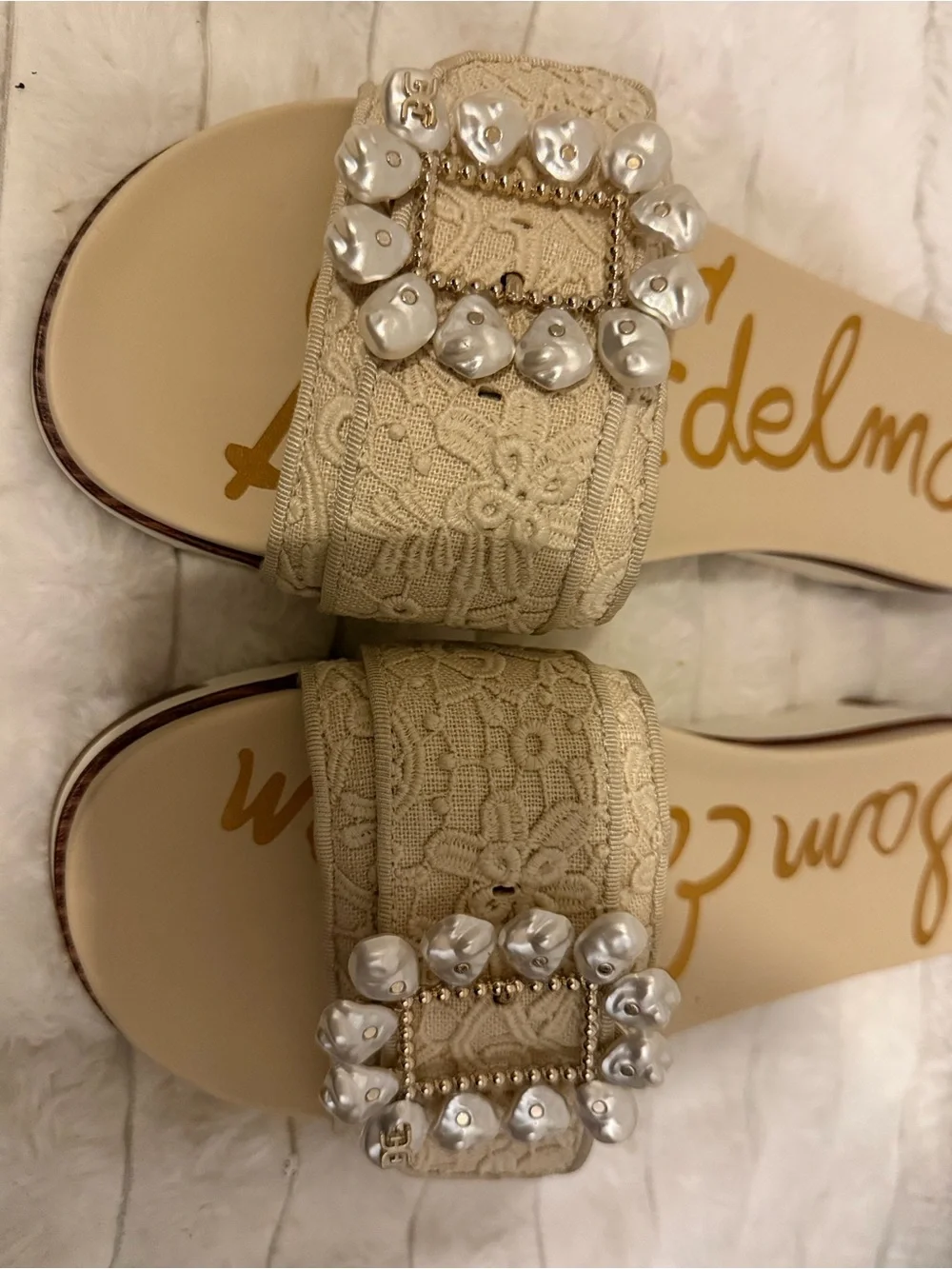 Sam Edelman Beige Lace Pearl-Buckle Slide Mules - Picture 3 of 9